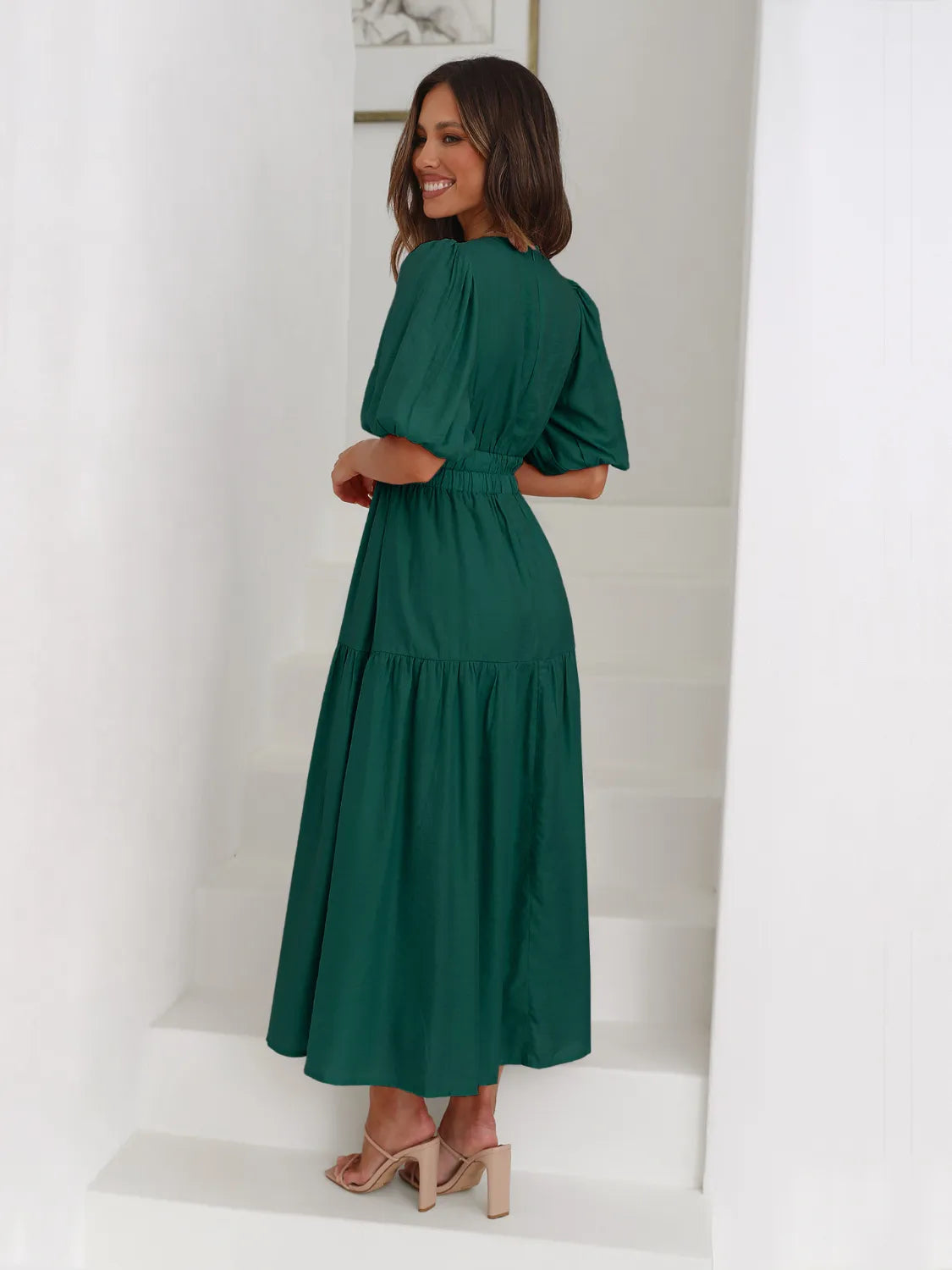 Tiered Surplice Half Sleeve Midi Dress - Drazelle Store