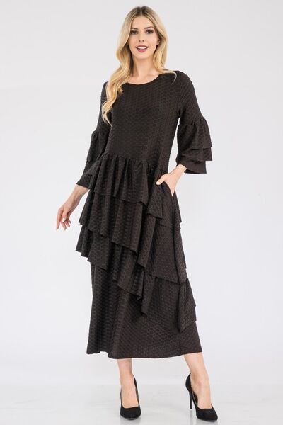 Celeste Honey Comb Asymmetrical Ruffle Midi Dress - Drazelle Store