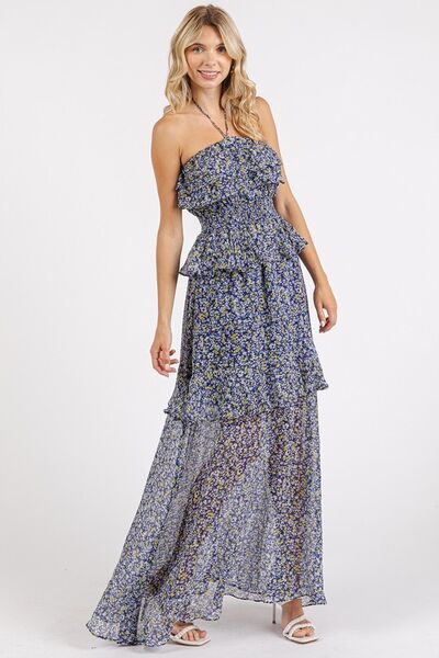 Mittoshop Ruffled Smocked Floral Halter Neck Maxi Dress - Drazelle Store