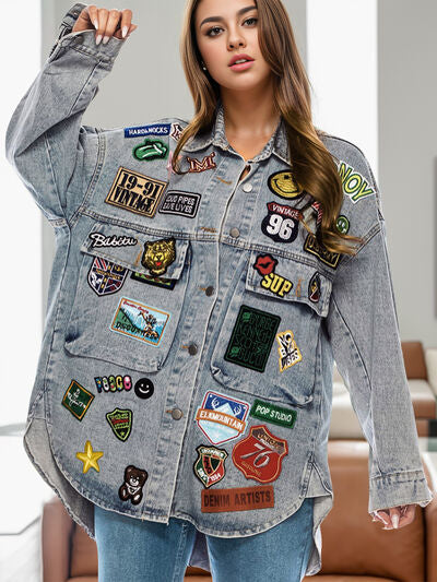 Embroidered Patch Button Up Long Sleeve Denim Jacket - Drazelle Store