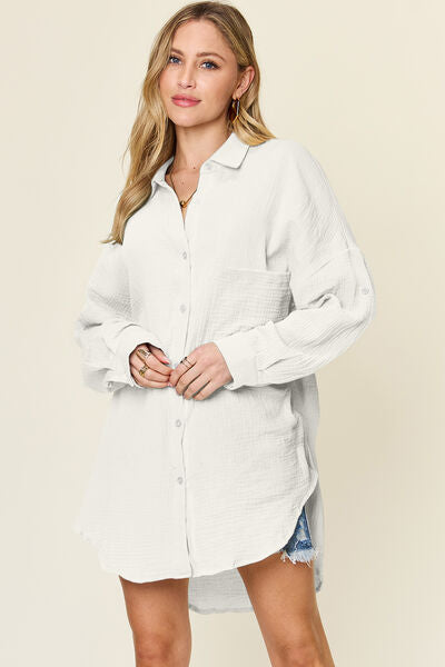 Double Take Full Size Pocketed Texture Button Up Shirt - Drazelle Store