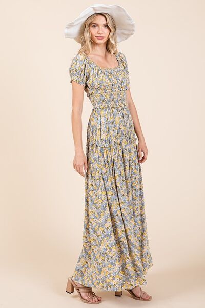 Mittoshop Flower Print Puff Sleeve Gathered Maxi Dress - Drazelle Store