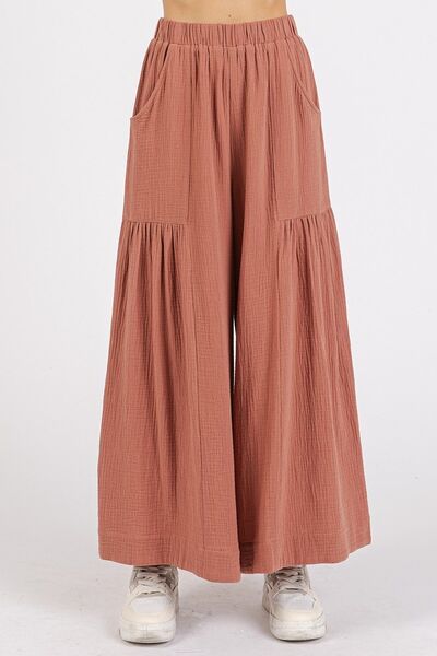 Mito shop Gauze Elastic Waist Pleated Wide Leg Pants - Drazelle Store