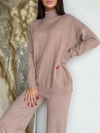 Turtleneck Long Sleeve Top and Drawstring Pants Sweater Set - Drazelle Store