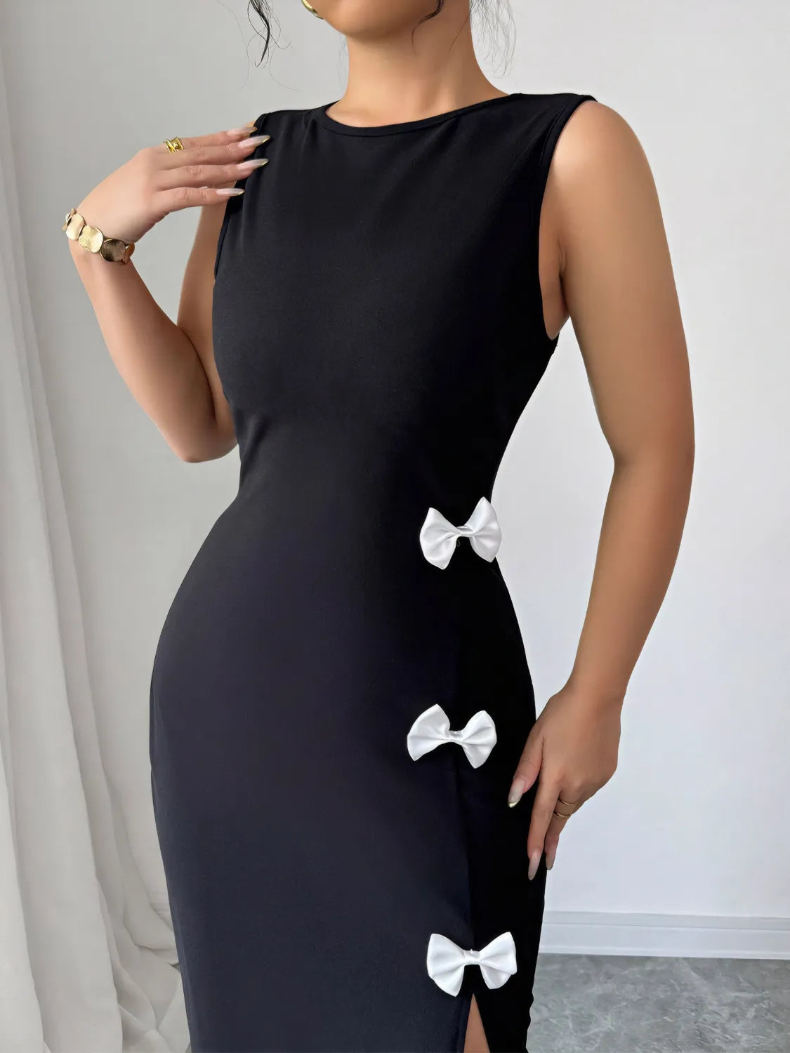 Bow Slit Round Neck Sleeveless Dress - Drazelle Store