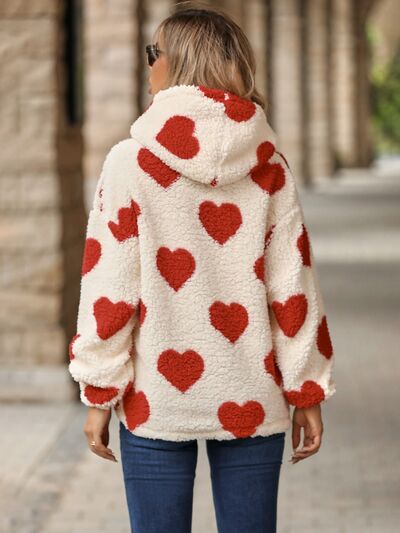 Fuzzy Heart Pocketed Dropped Shoulder Hoodie - Drazelle Store