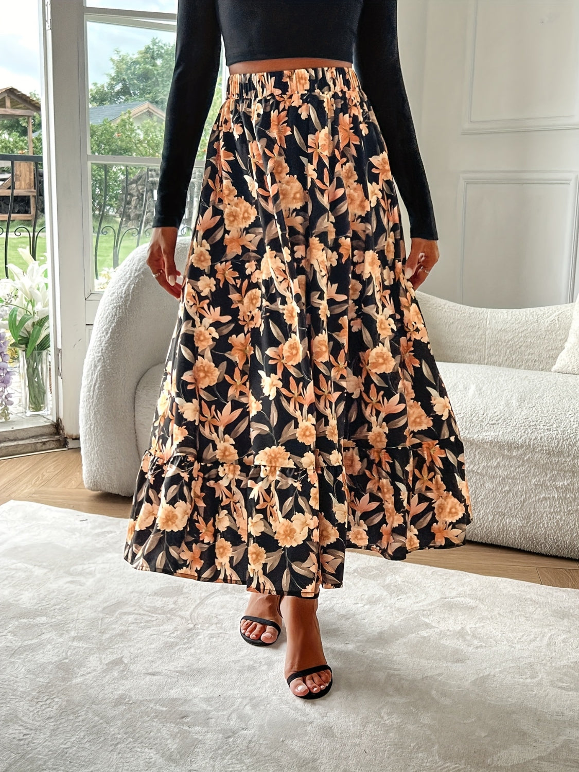 Floral Elastic Waist Midi Skirt - Drazelle Store