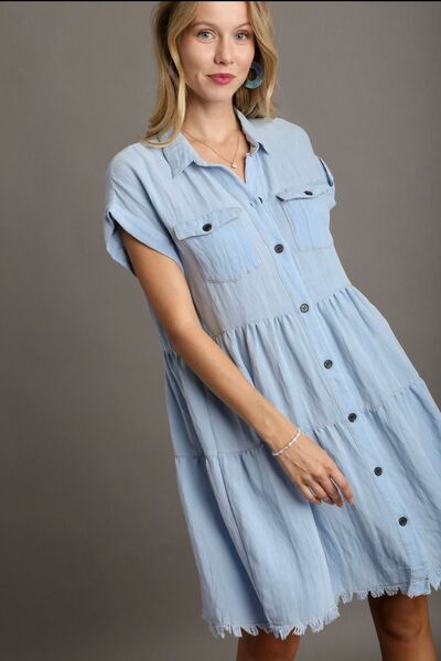 Umgee Frayed Hemline Button Down Shirt Dress - Drazelle Store