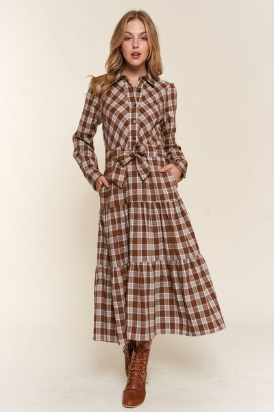 Plaid Tiered Midi Shirt Dress - Drazelle Store