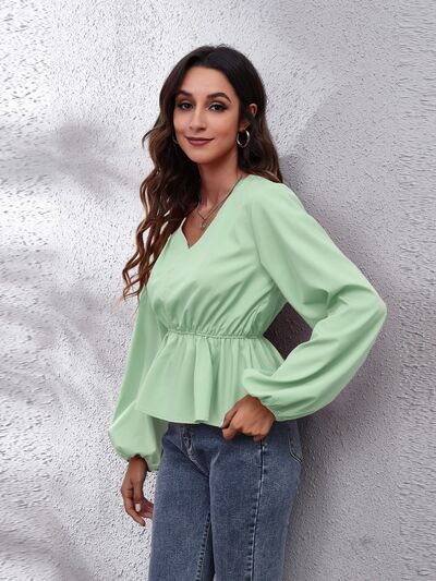 V-Neck Balloon Sleeve Peplum Blouse - Drazelle Store