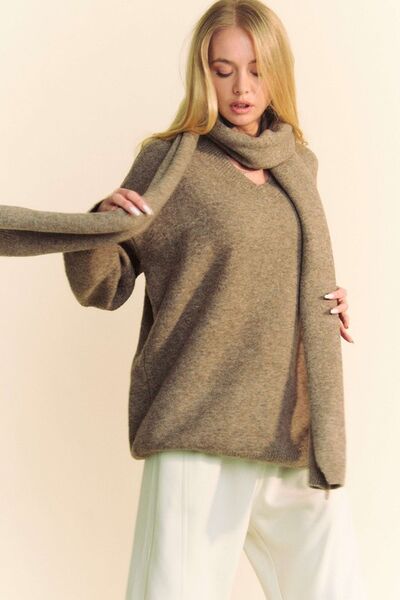 Dani & Dani V-Neck Dropped Shoulder Sweater with Scarf - Drazelle Store