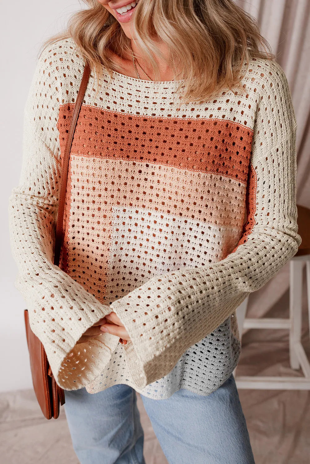 Openwork Color Block Long Sleeve Knit Top - Drazelle Store