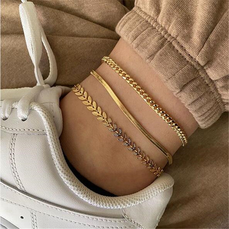 Retro Metal Texture Chain Leaves Anklets - Drazelle Store