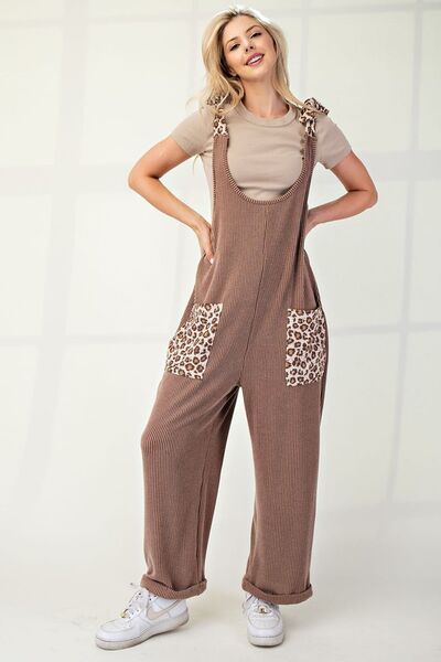 Celeste Full Size Ribbed Leopard Tied Shoulder Overalls - Drazelle Store