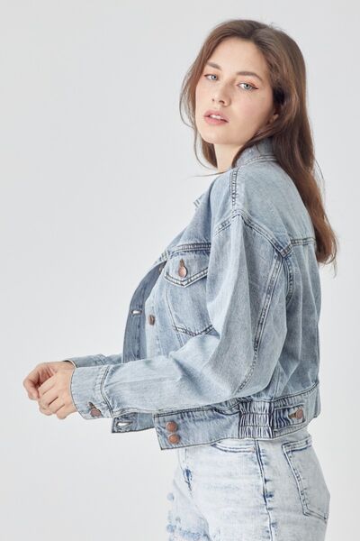 RISEN Full Size Button Down Cropped Denim Jacket - Drazelle Store