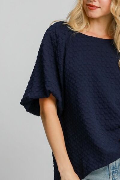 Umgee Full Size Boxy Cut Jacquard Round Neck Top with Side Slit - Drazelle Store