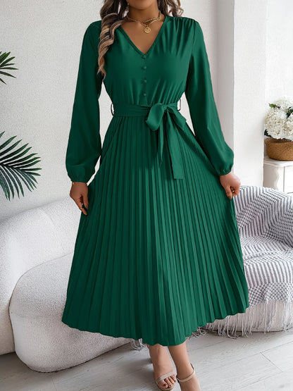 Pleated Tied V-Neck Long Sleeve Dress - Drazelle Store