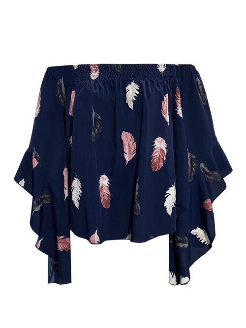 Feather Print Smocked Off-Shoulder Blouse - Drazelle Store