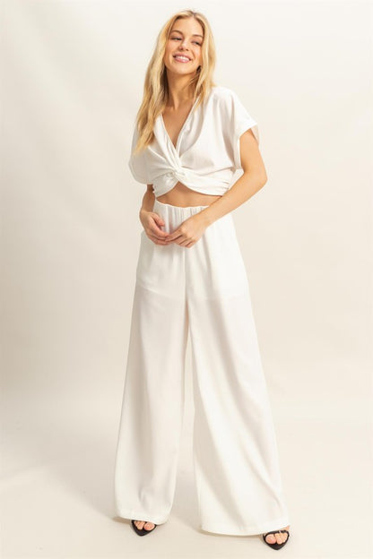 Twisted Front Short Sleeve Top and Wide Leg Pants Set - Drazelle Store