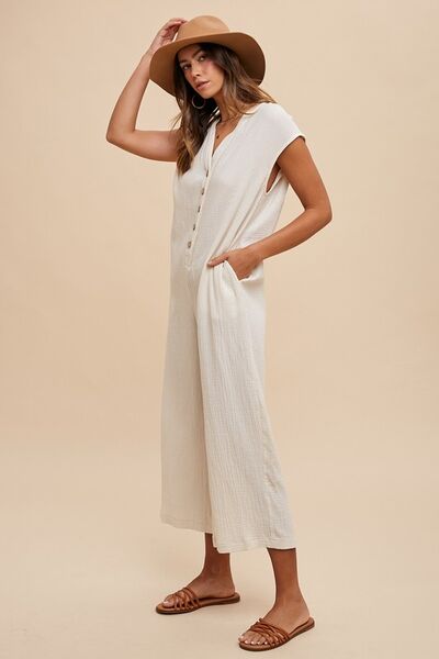 Annie Wear Button Detail Wide Leg Jumpsuit with Pockets - Drazelle Store