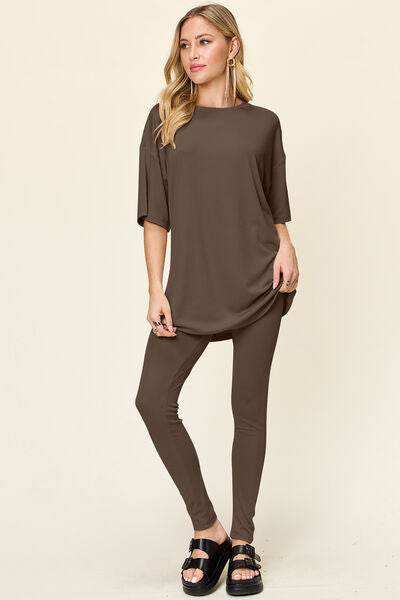 Double Take Full Size Round Neck Dropped Shoulder T-Shirt and Leggings Set - Drazelle Store