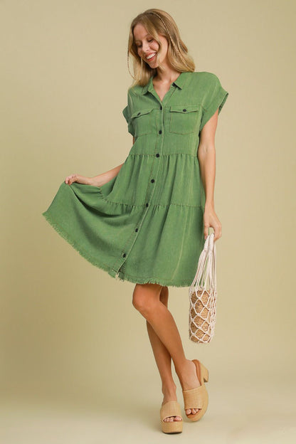 Frayed Hemline Button Down Shirt Dress - Drazelle Store