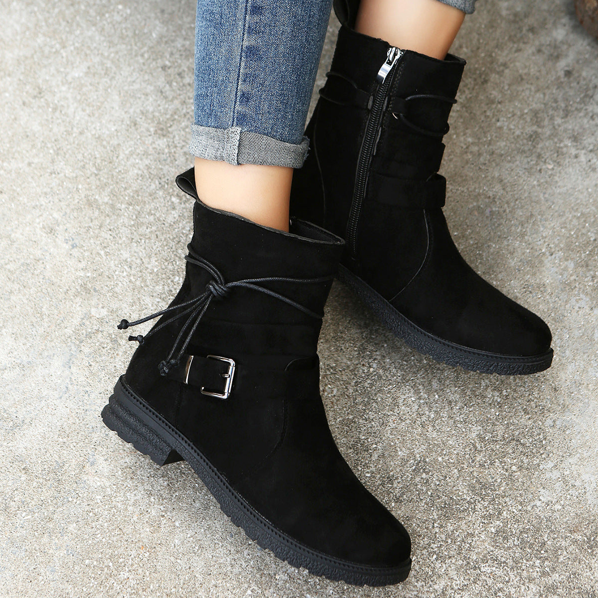 Suede Side Zip Round Toe Boots - Drazelle Store