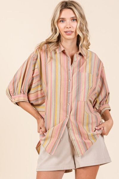 Mittoshop Striped Bubble Sleeve Button Down Shirt - Drazelle Store