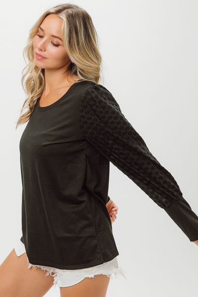 BiBi Round Neck Polka Dot Lantern Sleeve Top - Drazelle Store