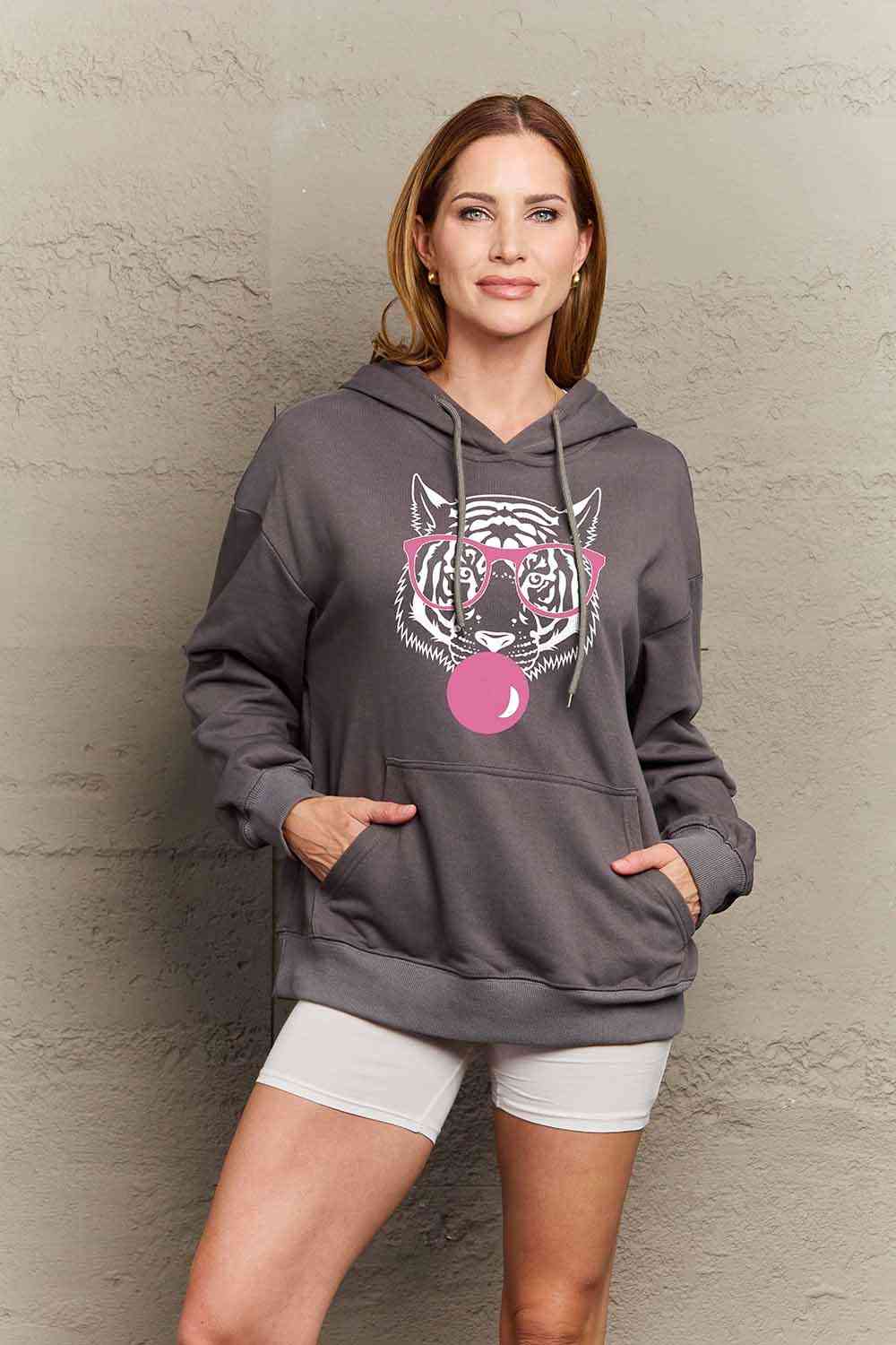 Simply Love Full Size Dropped Shoulder Tiger Graphic Hoodie - Drazelle Store