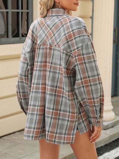 Pocketed Plaid Collared Neck Long Sleeve Shirt - Drazelle Store