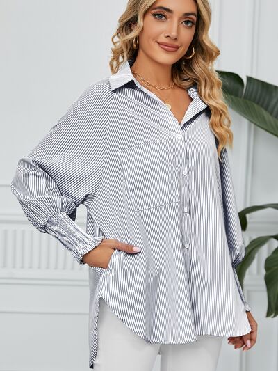 Striped Collared Neck Long Sleeve Shirt - Drazelle Store