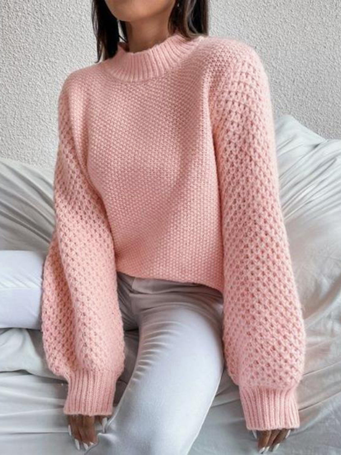 Openwork Mock Neck Long Sleeve Sweater - Drazelle Store