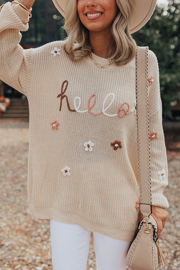 HELLO Flower Round Neck Long Sleeve Sweater - Drazelle Store