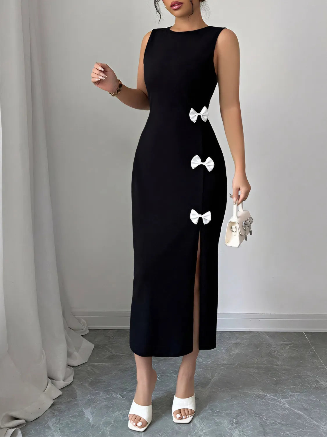 Bow Slit Round Neck Sleeveless Dress - Drazelle Store