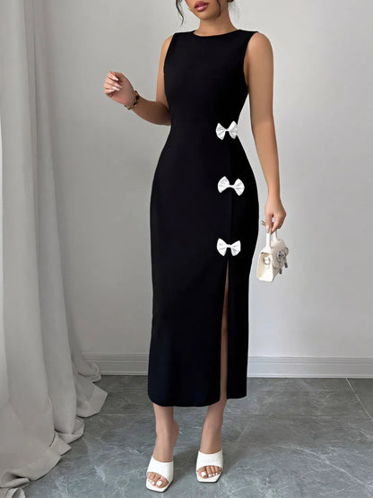Bow Slit Round Neck Sleeveless Dress - Drazelle Store