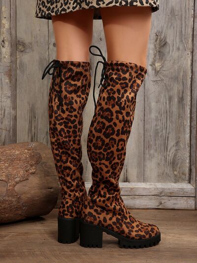 Leopard Round Toe Block Heel Boots - Drazelle Store