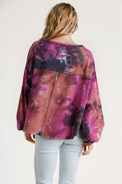 Umgee Full Size Tie Dye Round Neck Long Balloon Sleeve Top Plus Size - Drazelle Store