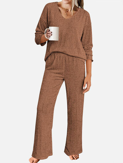 V-Neck Long Sleeve Top and Pants Set - Drazelle Store