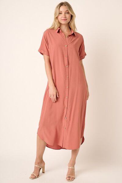 Mittoshop Collared Neck Dolman Short Sleeve Midi Shirt Dress - Drazelle Store