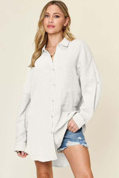 Double Take Full Size Pocketed Texture Button Up Shirt - Drazelle Store