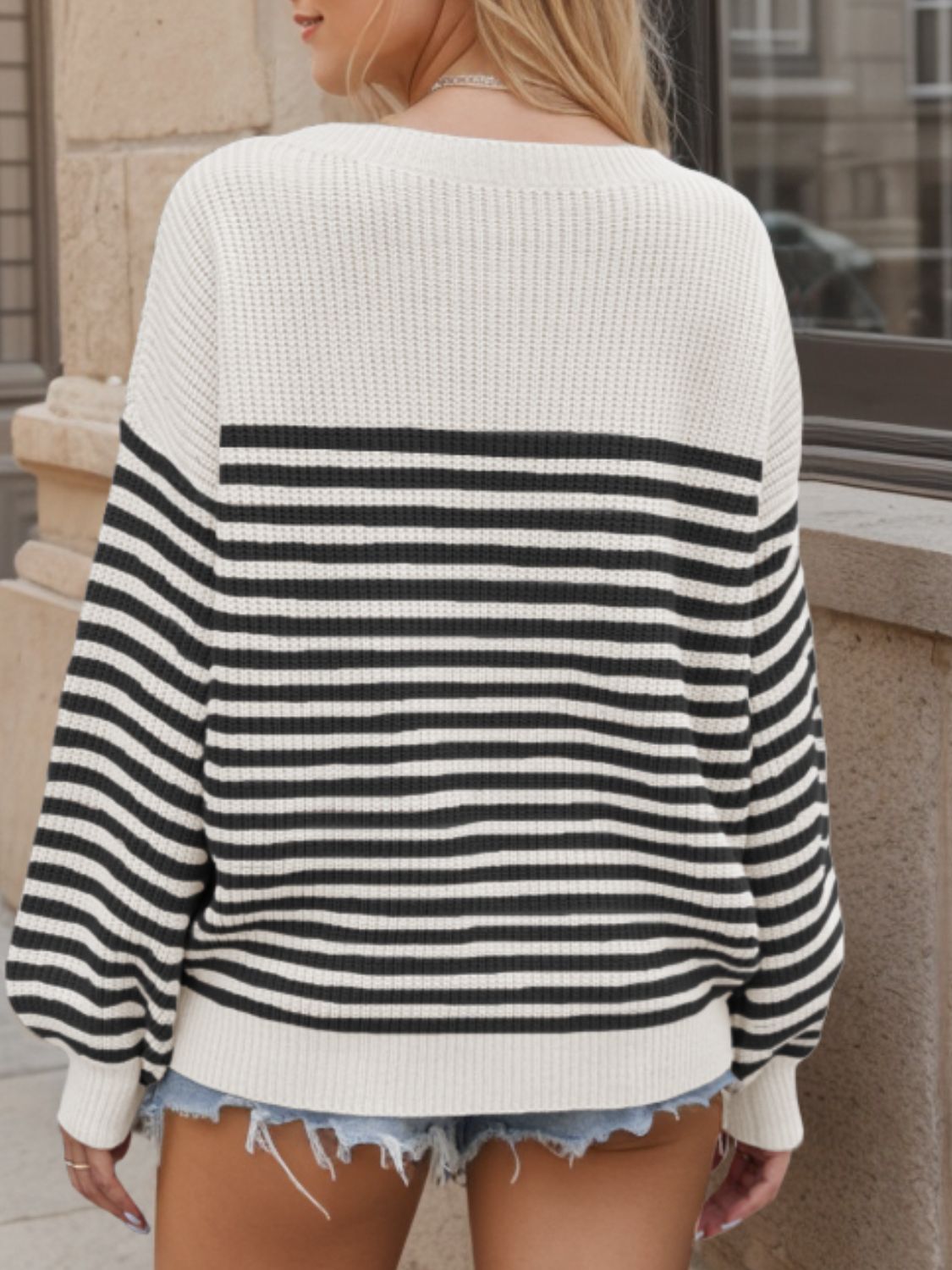 Striped Round Neck Long Sleeve Sweater - Drazelle Store