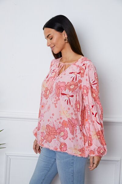 Floral Smocked Tassel Tie Balloon Sleeve Blouse - Drazelle Store