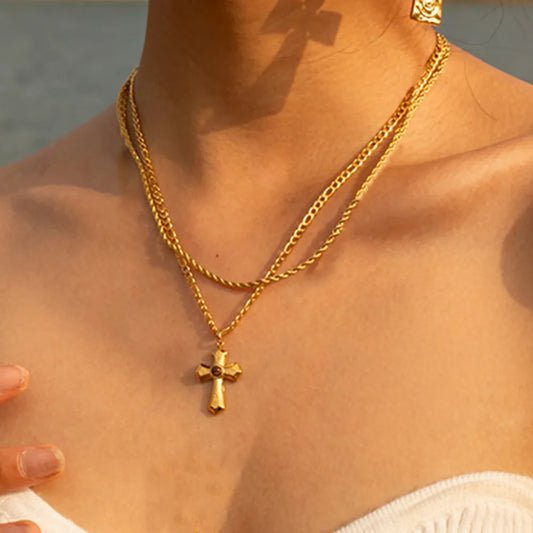 18K Gold-Plated Layered Cross Pendant Necklace - Drazelle Store