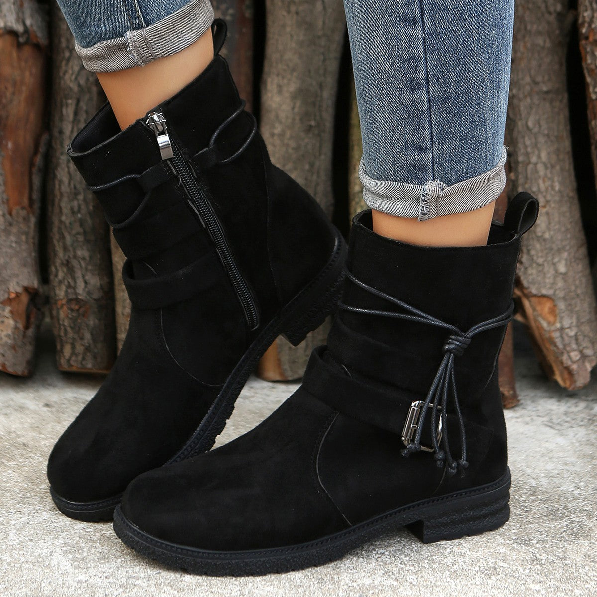 Suede Side Zip Round Toe Boots - Drazelle Store