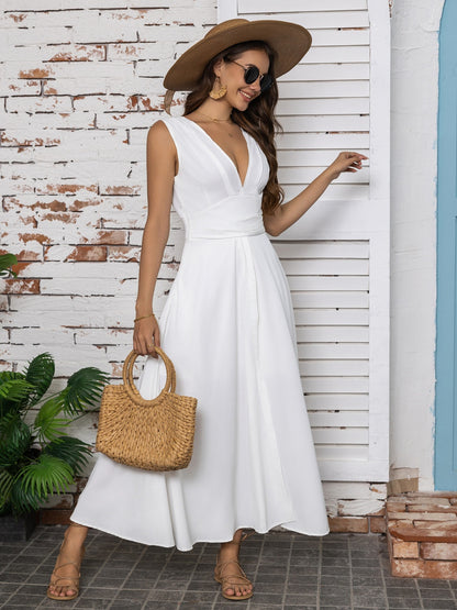 Full Size Slit V-Neck Sleeveless Midi Dress - Drazelle Store