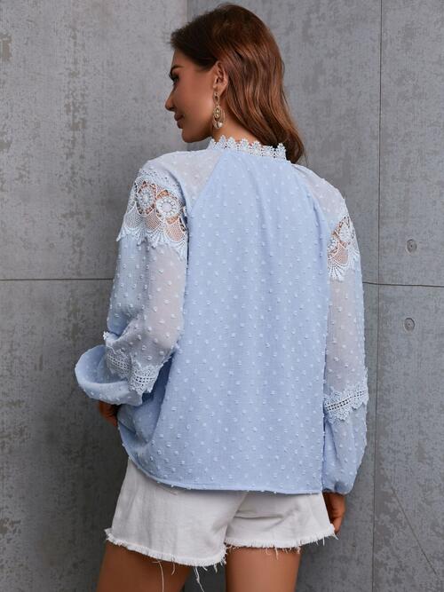 Crochet Tassel Tie Neck Long Sleeve Blouse - Drazelle Store