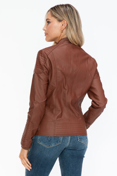 Snobbish Faux Leather Biker Jacket with Side Zip Pockets - Drazelle Store