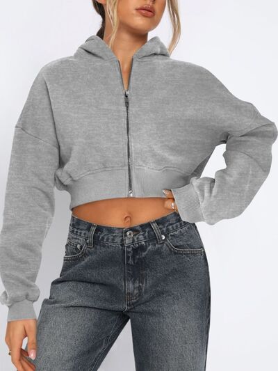 Zip Up Long Sleeve Hooded Cropped Jacket - Drazelle Store