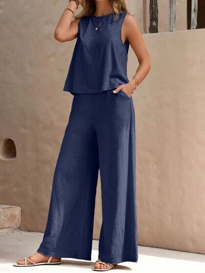 Round Neck Sleeveless Top and Wide Leg Pants Set - Drazelle Store